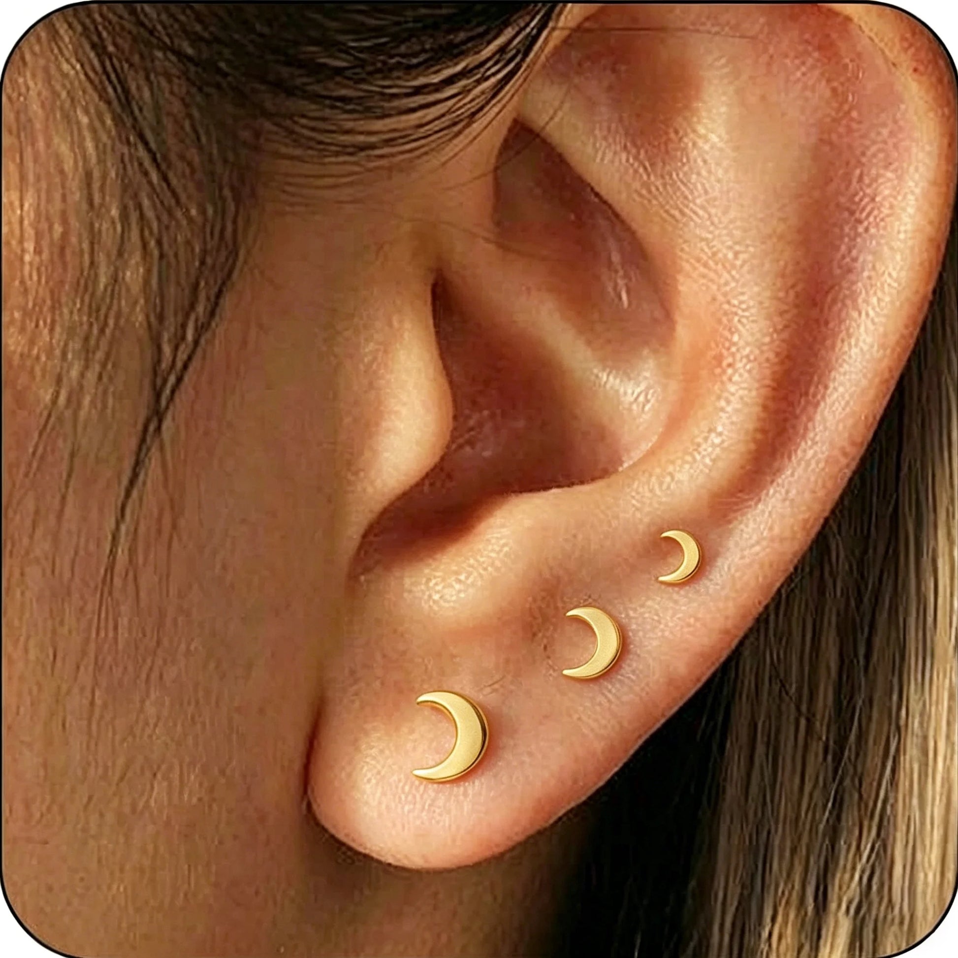 3 Pairs 18K Gold Plated Moon Stud Earrings for Women Hypoallergenic Small Cartilage Post Earring Sets Birthday Graduation Jewelry Gifts Teen Her Mom Girlfriend Female Lady Wife Adults Ideas