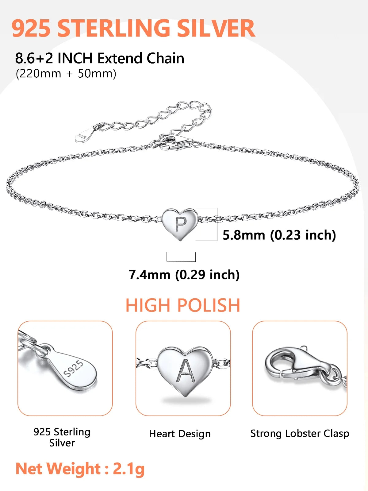 Heart Initial Anklets for Women 925 Sterling Silver Letter P Ankle Bracelets Waterproof Simple Summer Beach Foot Jewelry Gifts for Wife Anniversary