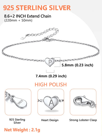 Heart Initial Anklets for Women 925 Sterling Silver Letter P Ankle Bracelets Waterproof Simple Summer Beach Foot Jewelry Gifts for Wife Anniversary