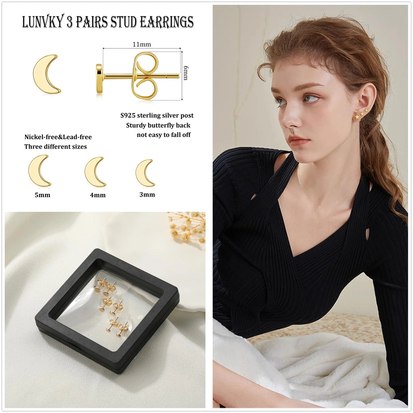 3 Pairs 18K Gold Plated Moon Stud Earrings for Women Hypoallergenic Small Cartilage Post Earring Sets Birthday Graduation Jewelry Gifts Teen Her Mom Girlfriend Female Lady Wife Adults Ideas